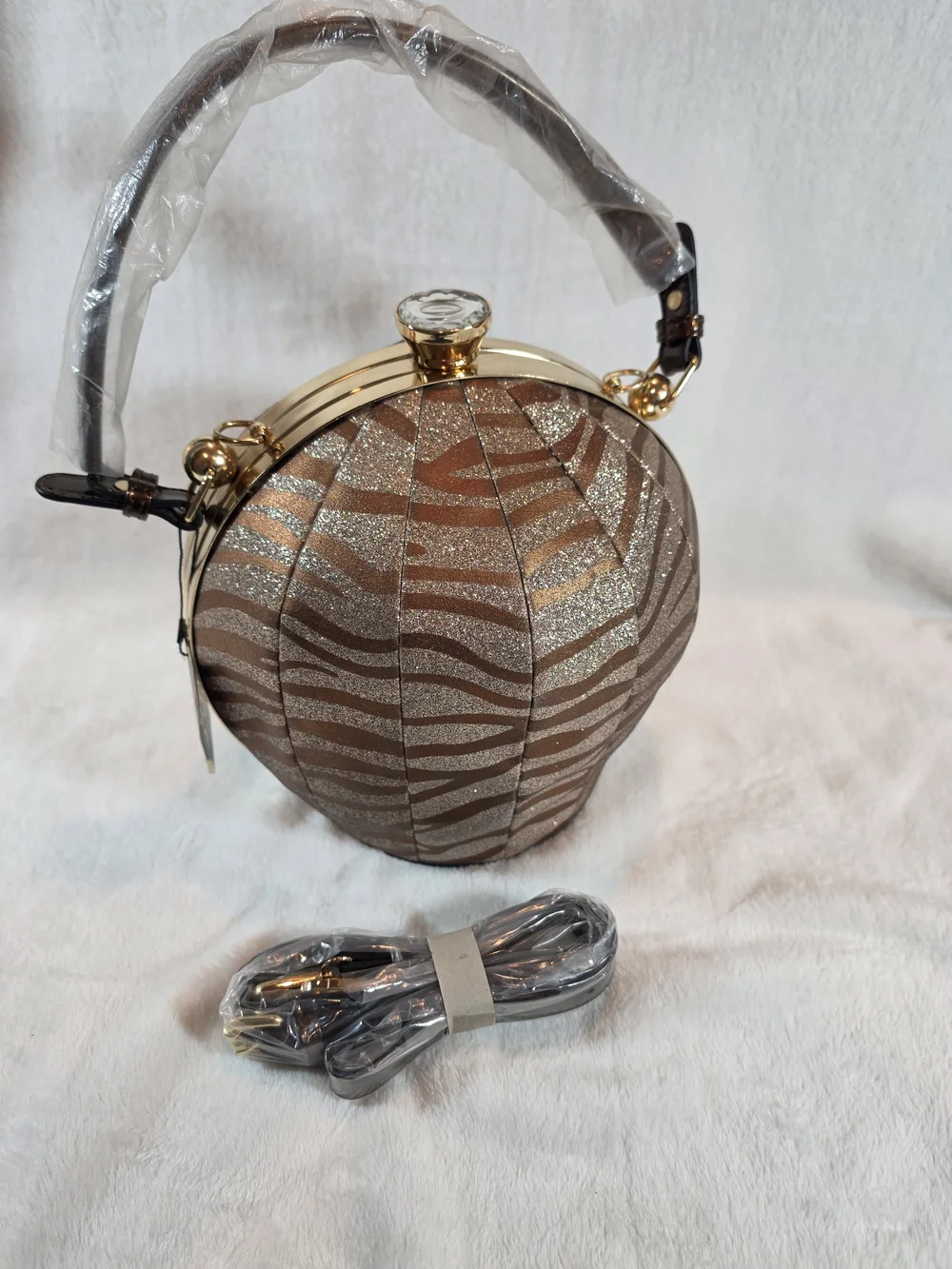 Blue Heaven Womens Zebra Glitter Round Evening Handbag Purse NWT Gold Tone